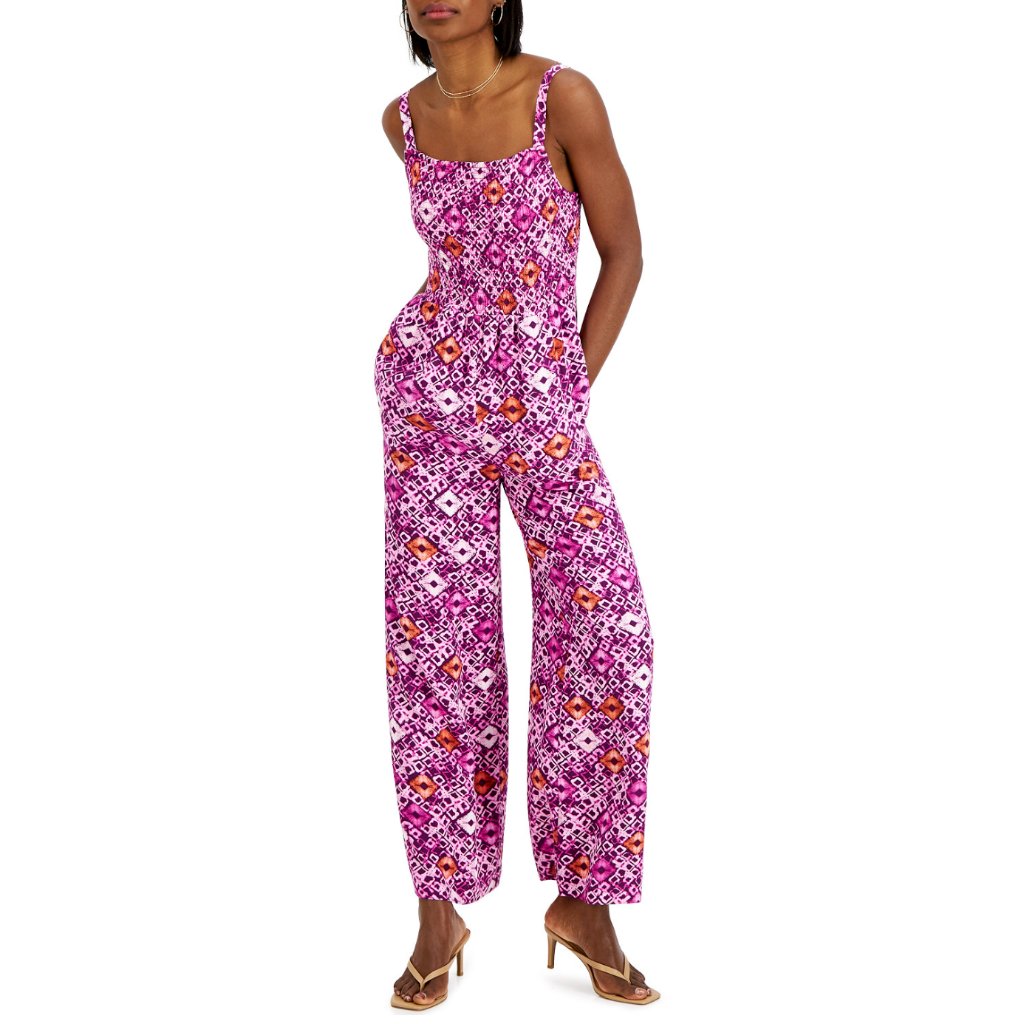 Inc Womens Printed Smocked Sleeveless Wide-Leg Jumpsuit Purple Medium